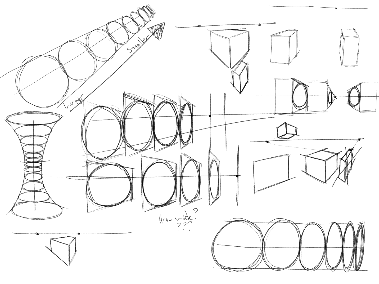 the image contains a collection of handdrawn sketches exploring concepts of perspective and threedimensional representation.  various geometric shapes, including circles, cubes, and cylinders, are depicted in different perspectives and sizes. some sketches show objects receding into the distance, demonstrating the effect of perspective on their appearance. there are also annotations indicating larger and smaller circles, and a question about width, suggesting a study of spatial relationships. the overall style is rough and exploratory, typical of design brainstorming or practice exercises in visual arts or design.