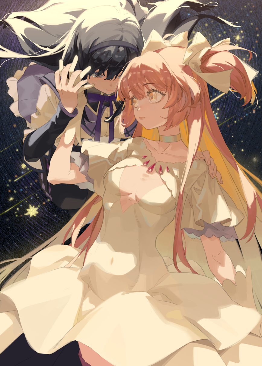 this anime illustration depicts two magical girls. the girl in the foreground wears a white dress with ruffles and pink hair. the girl in the background wears a black and white dress with blue hair. they are both looking at the viewer and smiling. the background is a night sky with stars. the overall tone of the image is magical and sweet.