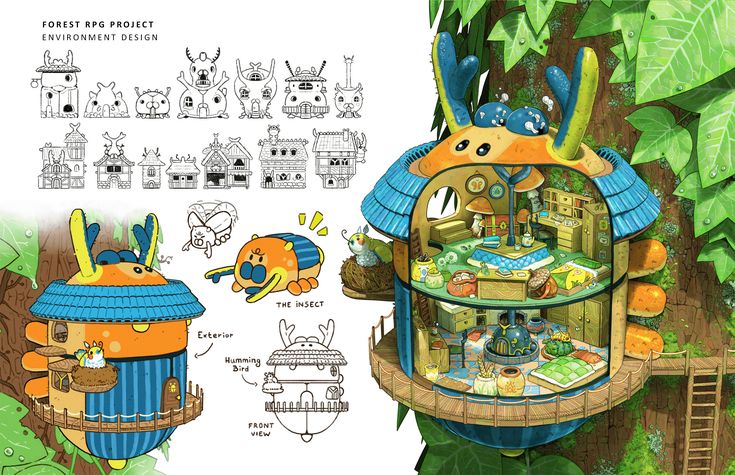 this image is a vibrant concept art piece for a forestthemed rpg (roleplaying game).  the central focus is a detailed design for an insect's house, shaped like a large beetle with a whimsical, fairytalelike quality.  the illustration showcases both an exterior view and a cutaway view revealing the charming interior, complete with furniture and decor.  accompanying sketches show various stages of the home's design iterations, along with concepts for smaller homes, possibly for other creatures.  the insect's design includes a small hummingbird and its nest, adding further detail and charm to the overall design. the entire scene is set against a lush, green forest background. the style is digital painting, with a bright color palette and a charming, playful aesthetic suitable for a children's game or whimsical fantasy setting.