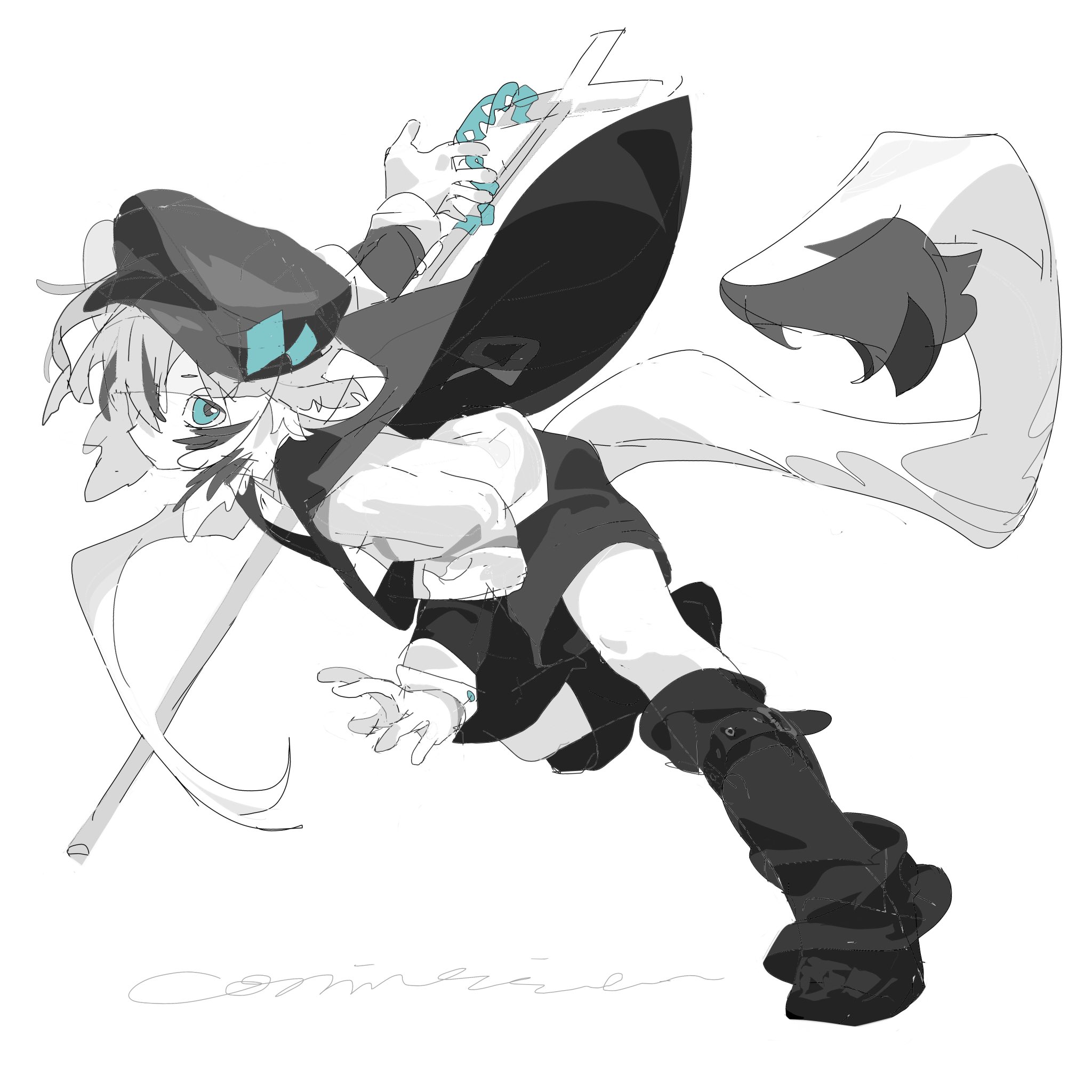 a sketch of a girl in an anime style with long black hair in a hoodie, is wielding a scythe. the image is in black and white and shows a dynamic pose of the character in the middle of fighting. the character is in the foreground while the background is a simple white, which allows the character to stand out and draw the focus of the viewer.