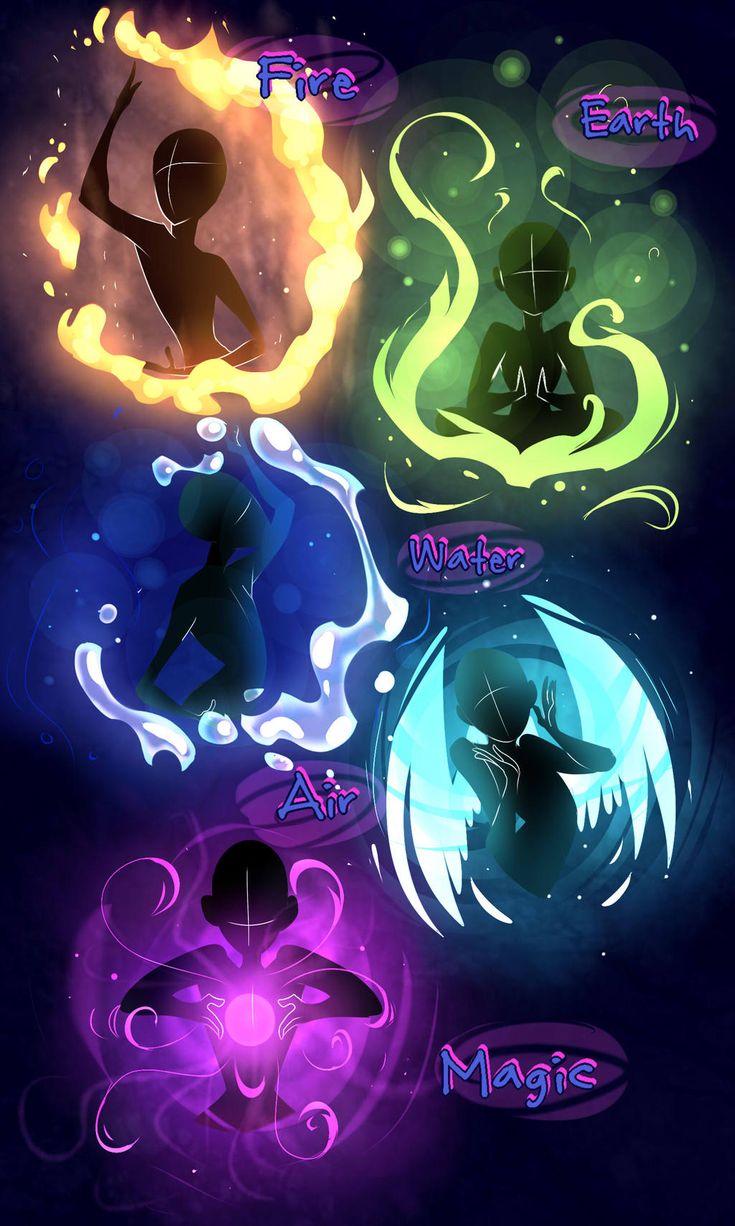 the image shows five elements: fire, water, earth, air and magic. each element is depicted as a silhouette figure surrounded by glowing energy. the figure representing fire is depicted in the top left corner with glowing orange and yellow energy swirling around it. the figure representing water is depicted in the left center with glowing blue and white energy. the figure representing earth is depicted in the top right corner with glowing green energy. the figure representing air is depicted in the lower left center with glowing cyan and blue energy. the figure representing magic is depicted in the bottom center with glowing purple and pink energy.  the background is dark blue with a starry night sky. the image is artistic and conceptual.