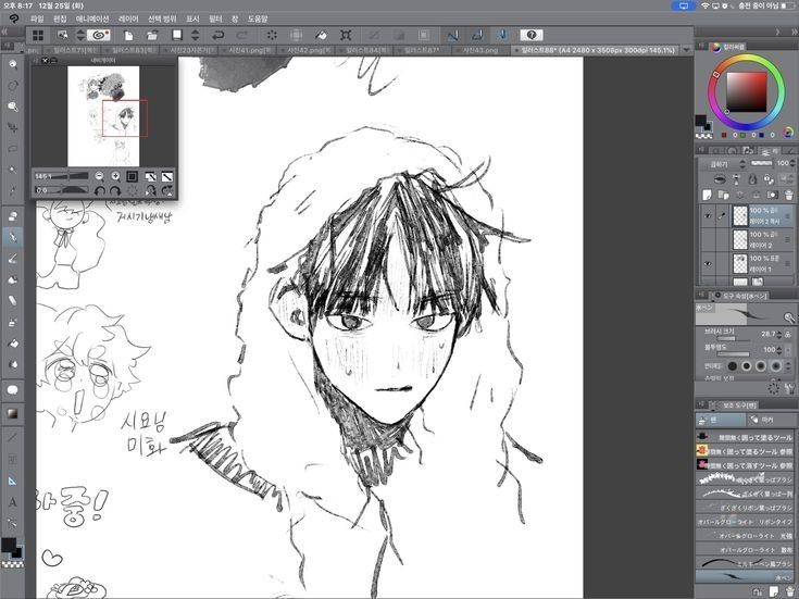 the image shows a digital drawing of an anime character on a computer screen. the character is a young man with dark hair and a hood over his head. he is drawn in a simple style with a lot of shading. the image is surrounded by a digital art program interface with korean text.
