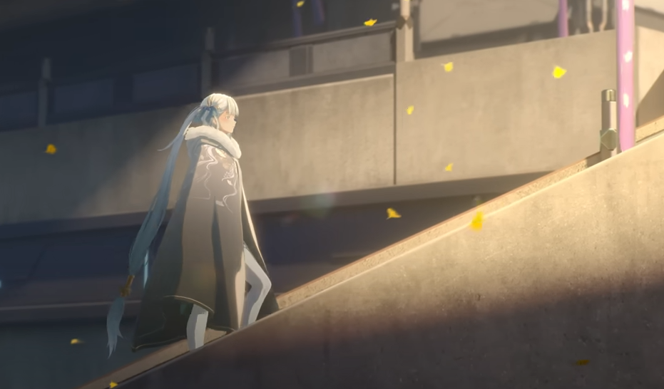 a woman with very long, white hair and wearing a long black cape, walks up a set of concrete steps. she is lit from behind by the sun, which is shining between two buildings. the buildings are modern, angular, and light gray. a few yellow leaves blow through the air. the overall feeling is somber and lonely.