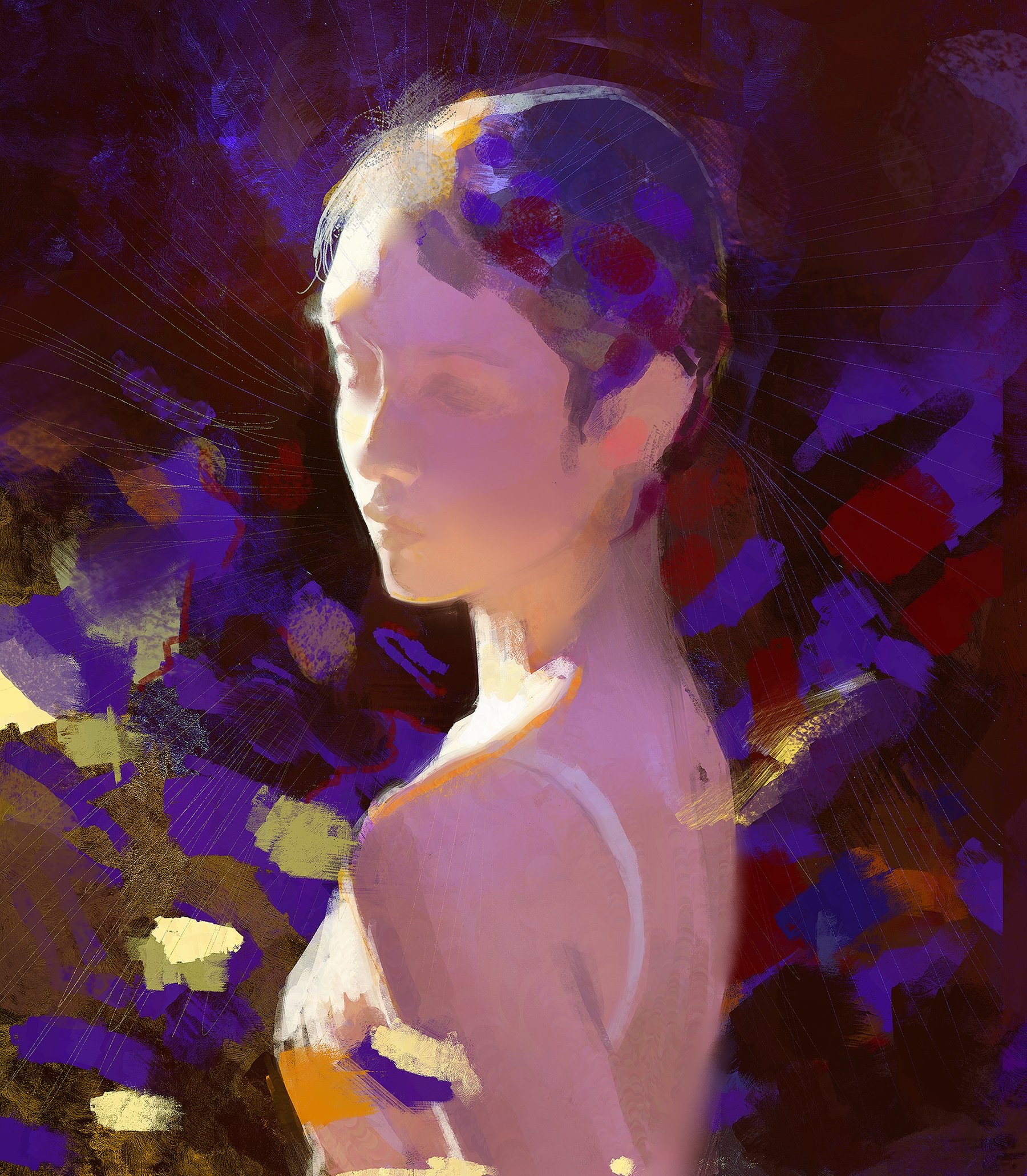 a digital painting of a woman's portrait, the woman is looking down and her expression is unreadable. the background is a abstract and colorful mix of purple, red and yellow. the image has a moody and mysterious feeling, which makes it both intriguing and compelling. the brushstrokes in the painting give it a texture and depth, adding to the overall effect.