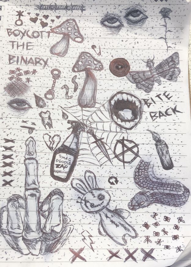 this image contains a collection of doodles and drawings on a notebook page. the style is dark, grunge, and alternative, incorporating various symbols and imagery such as mushrooms, eyes, a middle finger, a voodoolike rabbit doll, a snake, a spiderweb, and anarchic symbols.  the text "boycott the binary" and "bite back" are also included, suggesting a theme of rebellion or opposition. the overall aesthetic is edgy and somewhat chaotic. the drawings are done in pen or ink, in shades of grey and black.