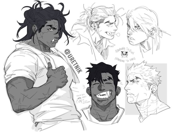 the image contains several grayscale sketches of male characters in an anime/manga style.  the characters have diverse features and expressions. one prominent character is a muscular man with dark skin and long hair, wearing a hooded sweatshirt and giving a thumbsup.  other sketches show different male characters with varying hairstyles and facial features, including some in profile views.  the artist's watermark, "@uretnik," is visible.  the style is dynamic, with varying levels of detail and shading, suggesting a work in progress or a collection of character studies.  there's also some text, "nowhere to run, nowhere to hide," incorporated into the piece.