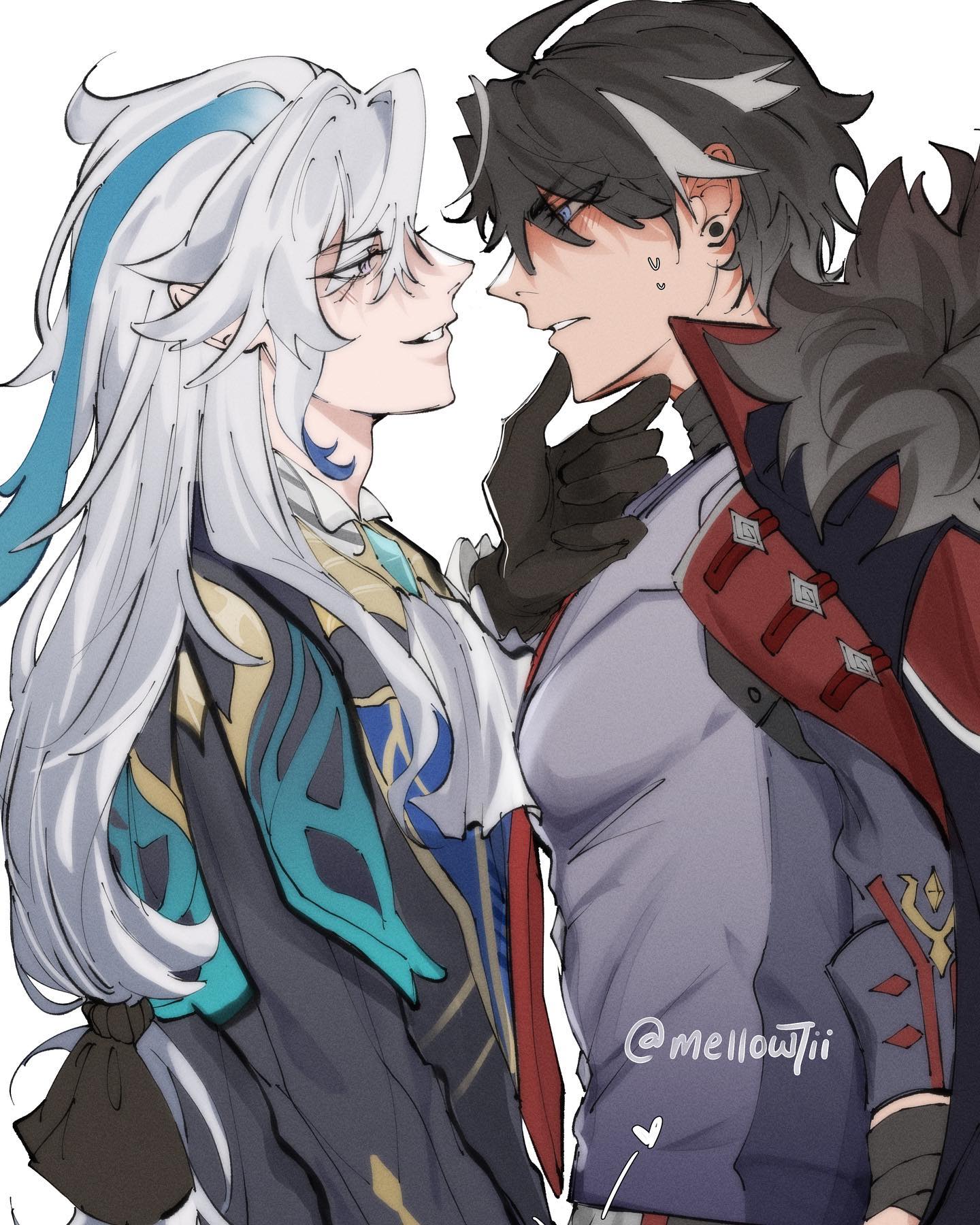 the image is a digital fanart depicting two animestyle male characters in a close, intimate embrace. one character has long, flowing white hair with teal highlights and is dressed in elegant, dark clothing with teal and gold accents. the other character has dark, slightly messy black hair and wears a more elaborate outfit with a dark gray/purple jacket and red accents.  they are positioned close together, their faces almost touching, their expressions conveying a mix of affection and intense emotion. the art style is soft and stylized, with a focus on the characters' expressions and the detail in their clothing. there is a watermark of the artist's name. the overall mood of the piece is romantic and suggestive of a close relationship between the two characters.
