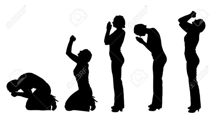 the image shows five silhouettes of women in various postures of prayer. one woman is kneeling with her head bowed, another is kneeling with her arms raised, a third is standing with her hands clasped in front of her, and the other two are standing with their arms outstretched.