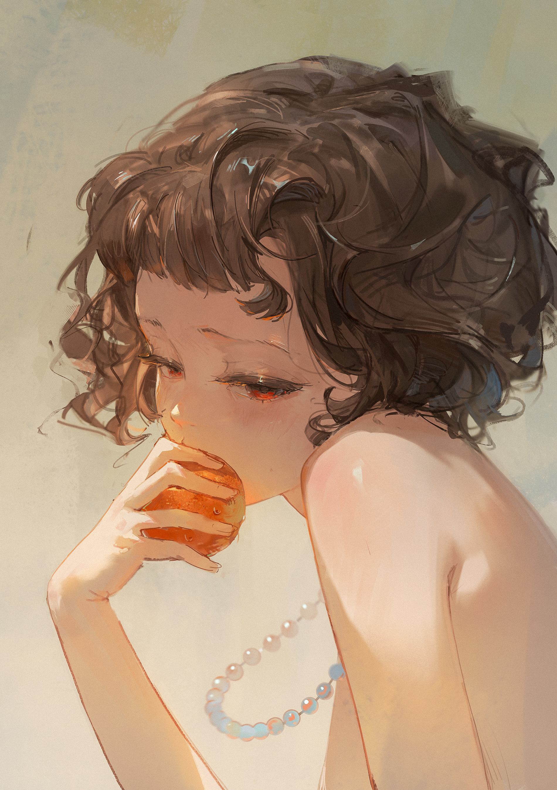 a closeup portrait of a young anime girl with curly brown hair. the girl is eating an orange and she is looking down at the fruit.  she is wearing a necklace with blue and white beads. the image is beautifully painted with soft, painterly brushstrokes.