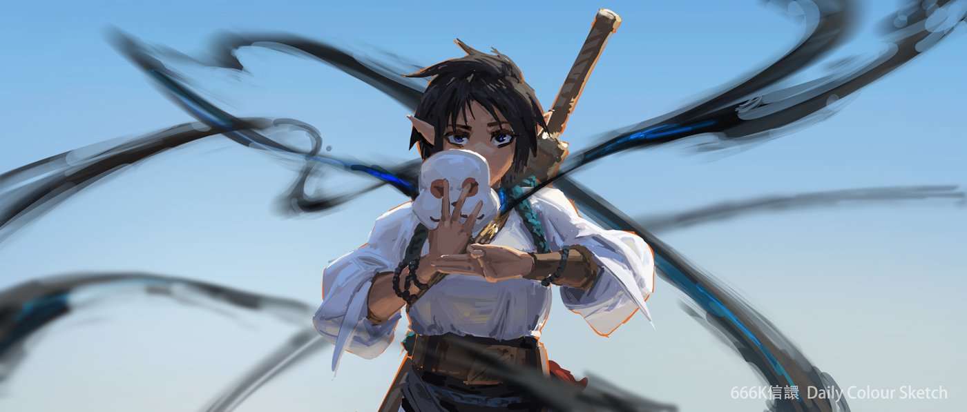 the image is a digital painting depicting a female animestyle character with elven ears. she's dressed in a loose white shirt, teal scarf, and dark brown belt, holding a white mask in front of her face.  she carries a katana on her back. dynamic, dark, swirling energy trails behind her, suggesting movement or magical ability.  the style is painterly and expressive, with a focus on atmospheric perspective and motion. the image is signed with "666k daily colour sketch". the overall atmosphere is mysterious and hints at a powerful character.