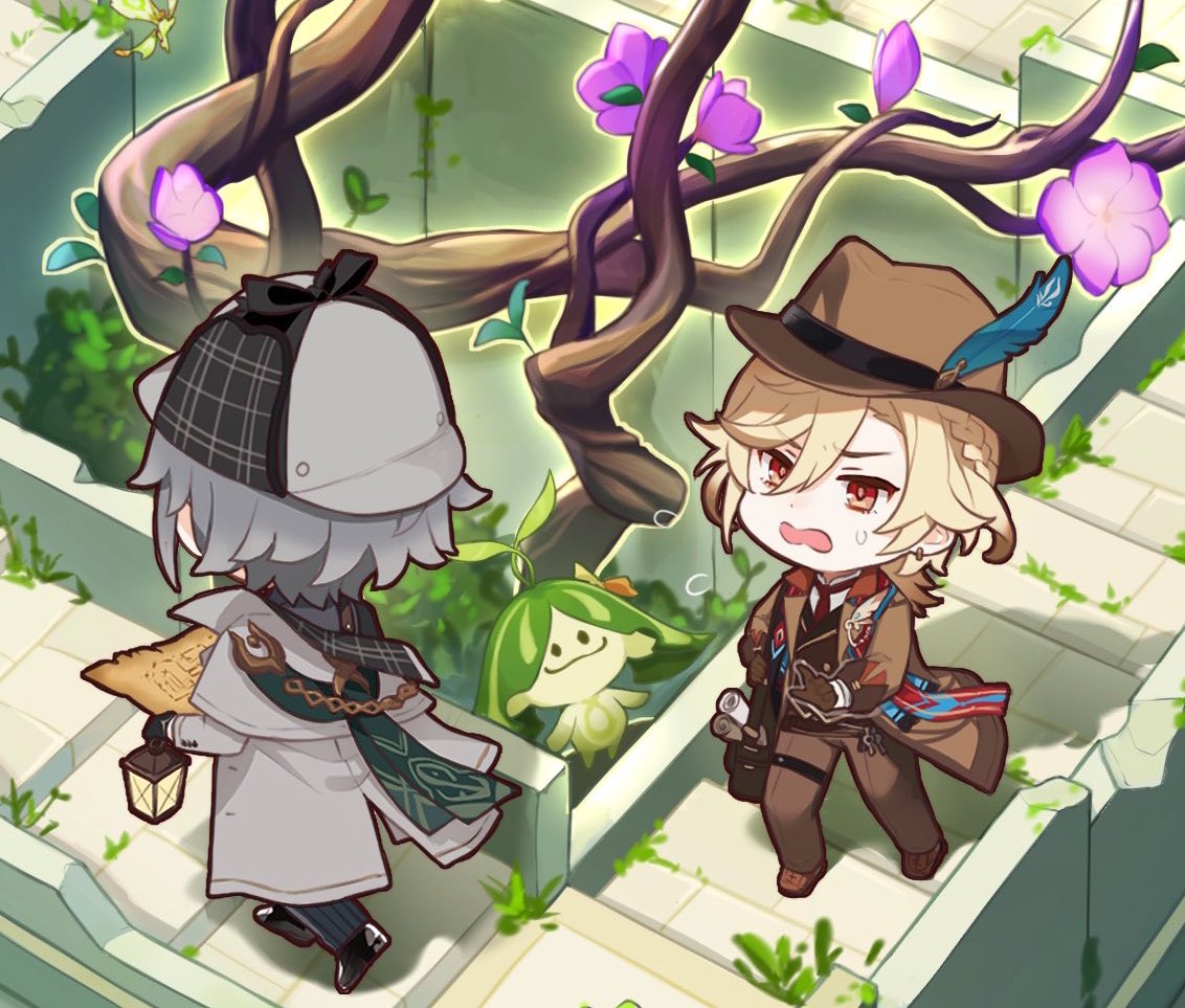 the image depicts two anime boys in a fantasy world. the boy on the left is wearing a white coat,  a black and white plaid hat, and a green scarf with a chain on it. he holds a brown map in one hand and a lantern in the other. the boy on the right has blond hair, brown eyes, and wears a brown hat with a feather on it. he's also wearing a brown coat with a white vest and a brown scarf with a red design. the scene features a large tree with purple flowers, green plants, and white and brown stone pathways.
