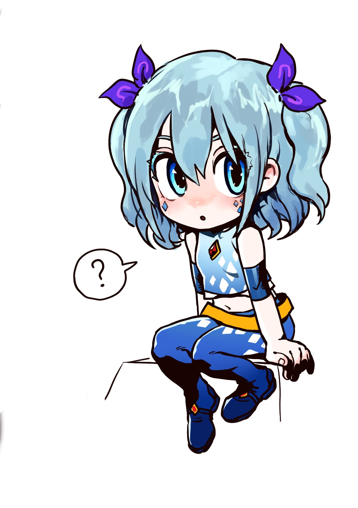 a cartoon illustration of a chibi anime girl with blue hair and purple bows sitting with her arms crossed and looking confused. she has a thought bubble with a question mark in it.