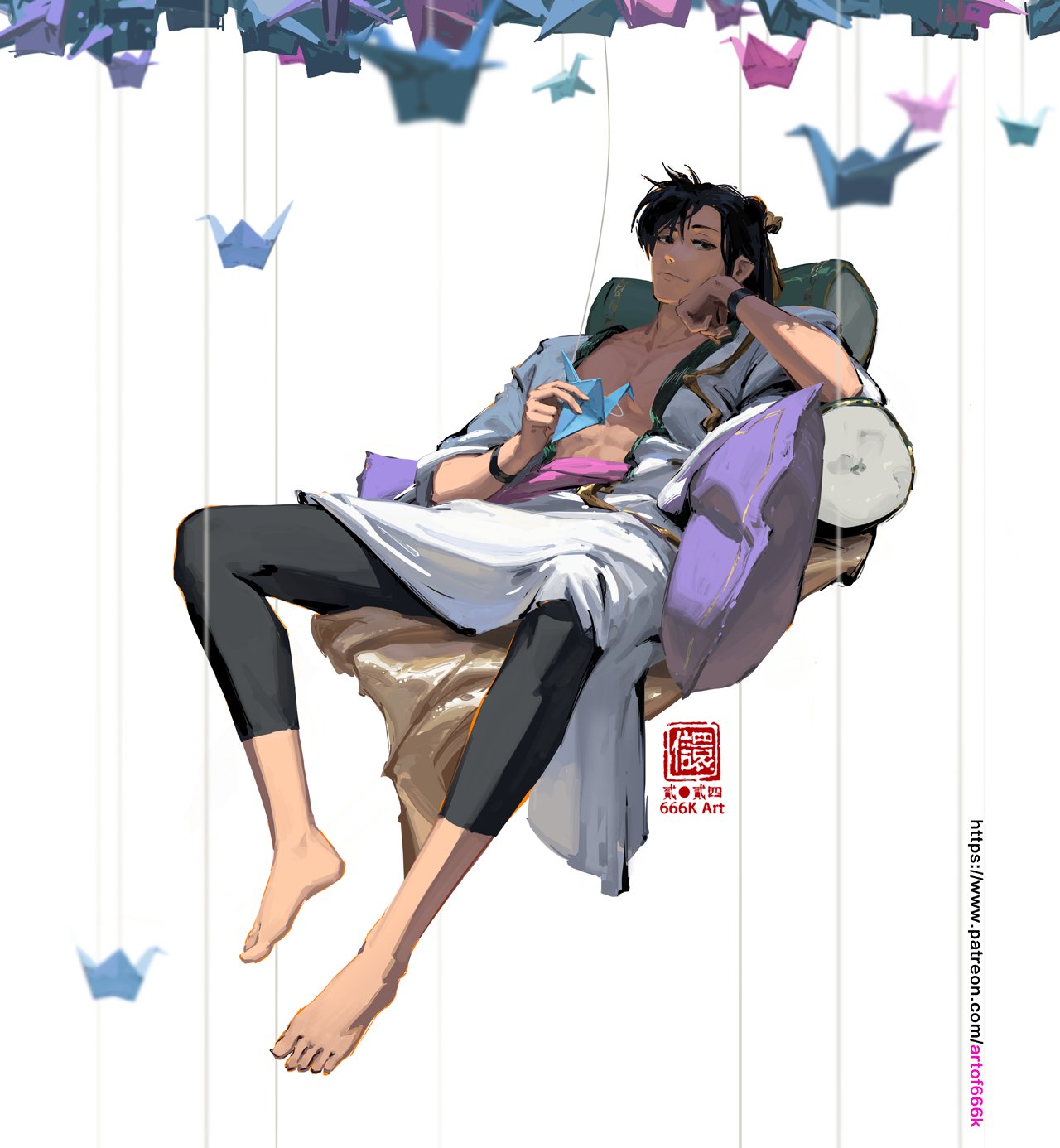 the image is a digital painting depicting a young man with dark hair tied back in a loose bun. he's dressed in flowing, lightcolored robes and dark leggings, sitting barefoot on a plush, purplecushioned seat. he appears relaxed and contemplative, holding a small origami crane in his hand. numerous other origami cranes in various colors are suspended in the air around him, creating a dreamy and ethereal atmosphere. the artistic style is a blend of anime and fantasy elements, with a focus on soft lighting and subtle details.  the artist's signature, "666k art," is visible on the image.