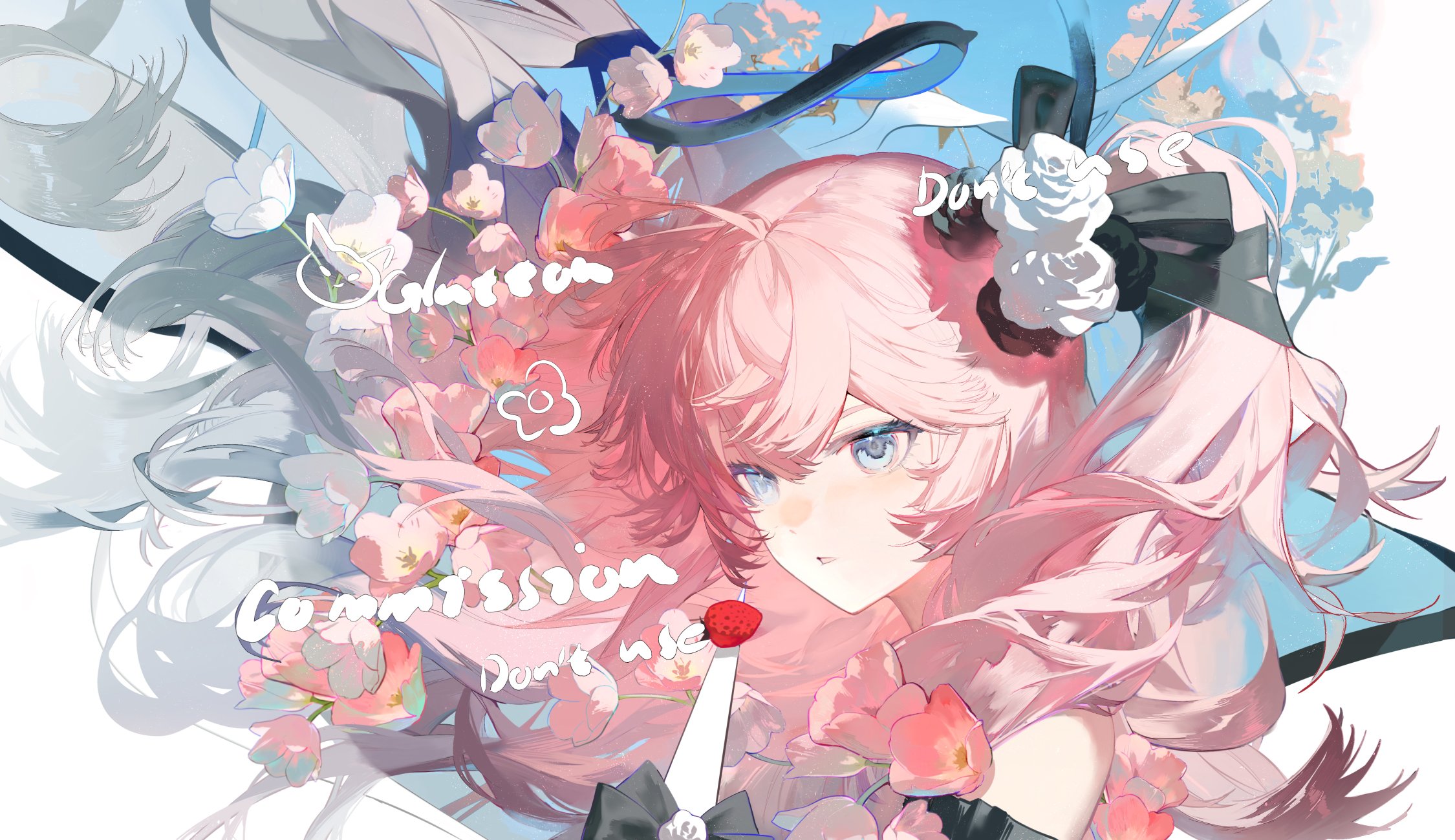 the image is a digital painting or illustration featuring a young animestyle girl with long, flowing pink hair.  she is adorned with a black ribbon and bow in her hair, and surrounded by delicate pink flowers, resembling cherry blossoms.  a small strawberry is visible near her hand, which seems to be holding a knife. the overall aesthetic is soft, dreamy, and pasteltoned, with a feeling of ethereal beauty. watermarks are present indicating it's a commission piece, with notes specifying not to use the image. the background features a lighter blue and white wash, creating a dreamy and light atmosphere. the artist's style is characterized by soft brushstrokes and attention to detail in the hair and floral elements.