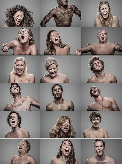 a collage of photographs featuring different people, both male and female, in various states of emotion as they scream. each person is pictured individually in a neutral background, creating a stark contrast to the raw intensity of their expressions. the diverse range of emotions and the simple yet powerful composition of the images invites viewers to contemplate the complexities of human experience.