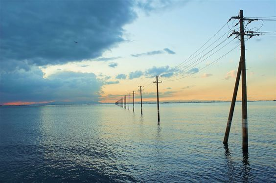 this image shows a line of electric poles standing in water stretching to the horizon. the sky is partly cloudy with colors of sunset. the poles are connected by power lines. the water is calm with gentle ripples.