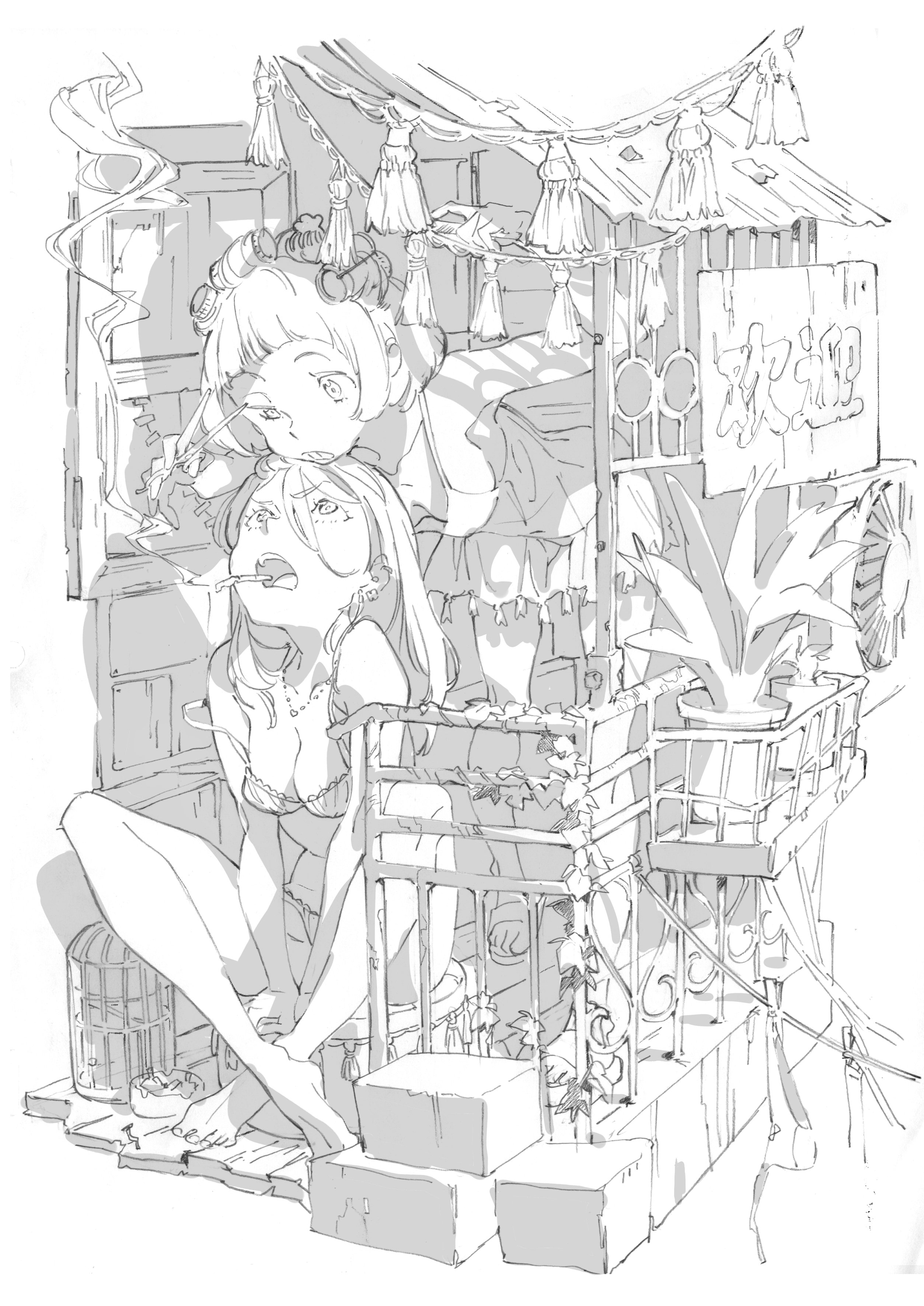 a black and white illustration depicts two girls on a cluttered balcony in what appears to be an urban setting. one girl with glasses sits with her legs extended, smoking a cigarette, while another girl leans on the railing above her. the balcony is filled with various objects including a birdcage, boxes, a plant, and hanging lanterns.  the scene is drawn in a sketchy, mangainspired style with strong linework and high contrast lighting.