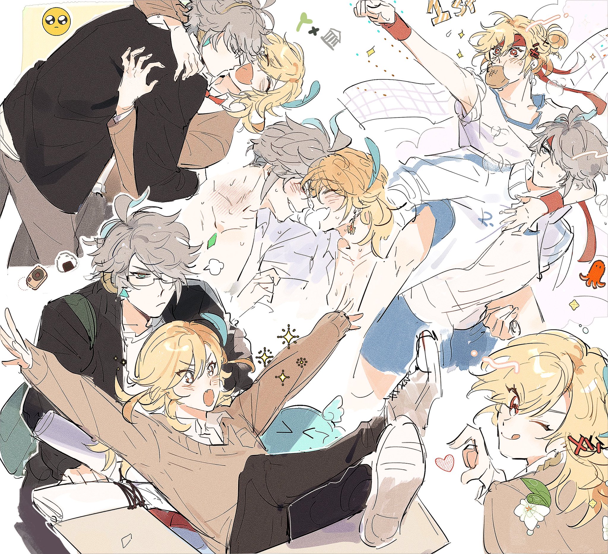 the image is a digital illustration depicting a scene of love and friendship between animestyle characters. it features a group of young adults, seemingly in a school setting, engaged in affectionate interactions. there is a couple hugging, another couple kissing, and a group of friends gathered together, all surrounded by a lighthearted and whimsical atmosphere. the art style is lively and expressive, showcasing the characters' emotions through their postures and facial expressions. the use of vibrant colors and delicate linework adds to the overall charm of the image.