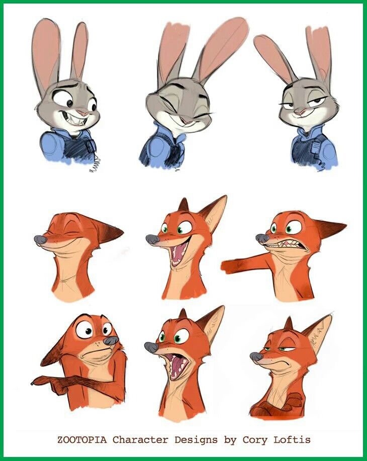 this image shows character design sketches of judy hopps and nick wilde from the movie zootopia. it features multiple drawings of their faces and upper bodies, each portraying different expressions and emotions. the drawings are in a cartoon style and are credited to cory loftis.