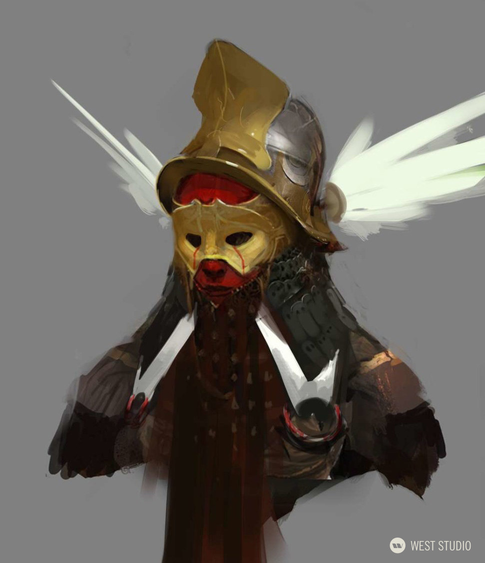 a digital painting of a warrior's head and shoulders. the warrior wears ornate gold and silver armor with large white wings attached to the helmet. the face is obscured by a mask or face paint.  the background is a plain gray.