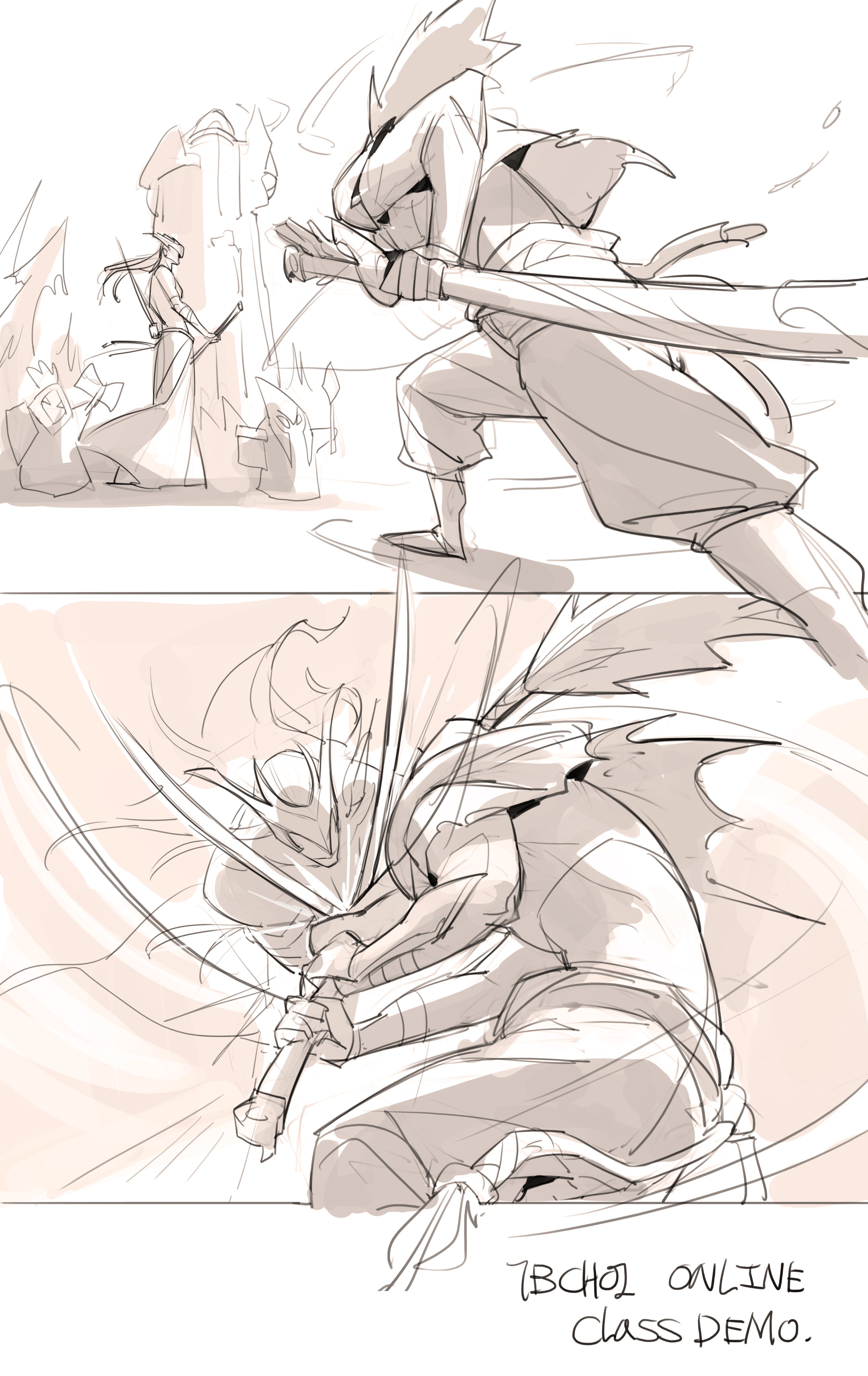 he image contains two panels showcasing dynamic sketches of animestyle samurai characters engaged in combat. the top panel depicts a confrontation between two figures, one wielding a long sword and the other appearing more defensive. the bottom panel features a closeup of a samurai in a more active, slashing posture with two swords, suggesting intense action. the style is loose and expressive, characteristic of concept art or design sketches, with a focus on movement and fluidity of line. the text "7bcho1 online class demo." at the bottom indicates this artwork likely serves as a demonstration piece from an online class. the overall aesthetic leans towards a darker, more dramatic fantasy setting.