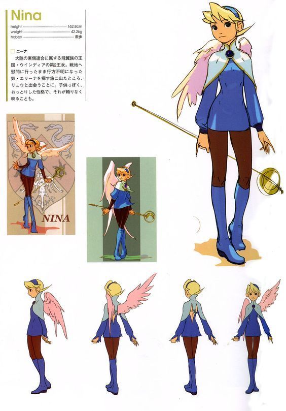 the image is a character sheet of "nina" from a fantasy anime or video game. it shows various poses and details of the character. nina has blonde hair, blue clothing, wings, and carries a staff. the sheet includes measurements (height, weight) and a description (in japanese) of the character's background and personality. the different poses show her from the front, back, and sides, giving a comprehensive view of her design.