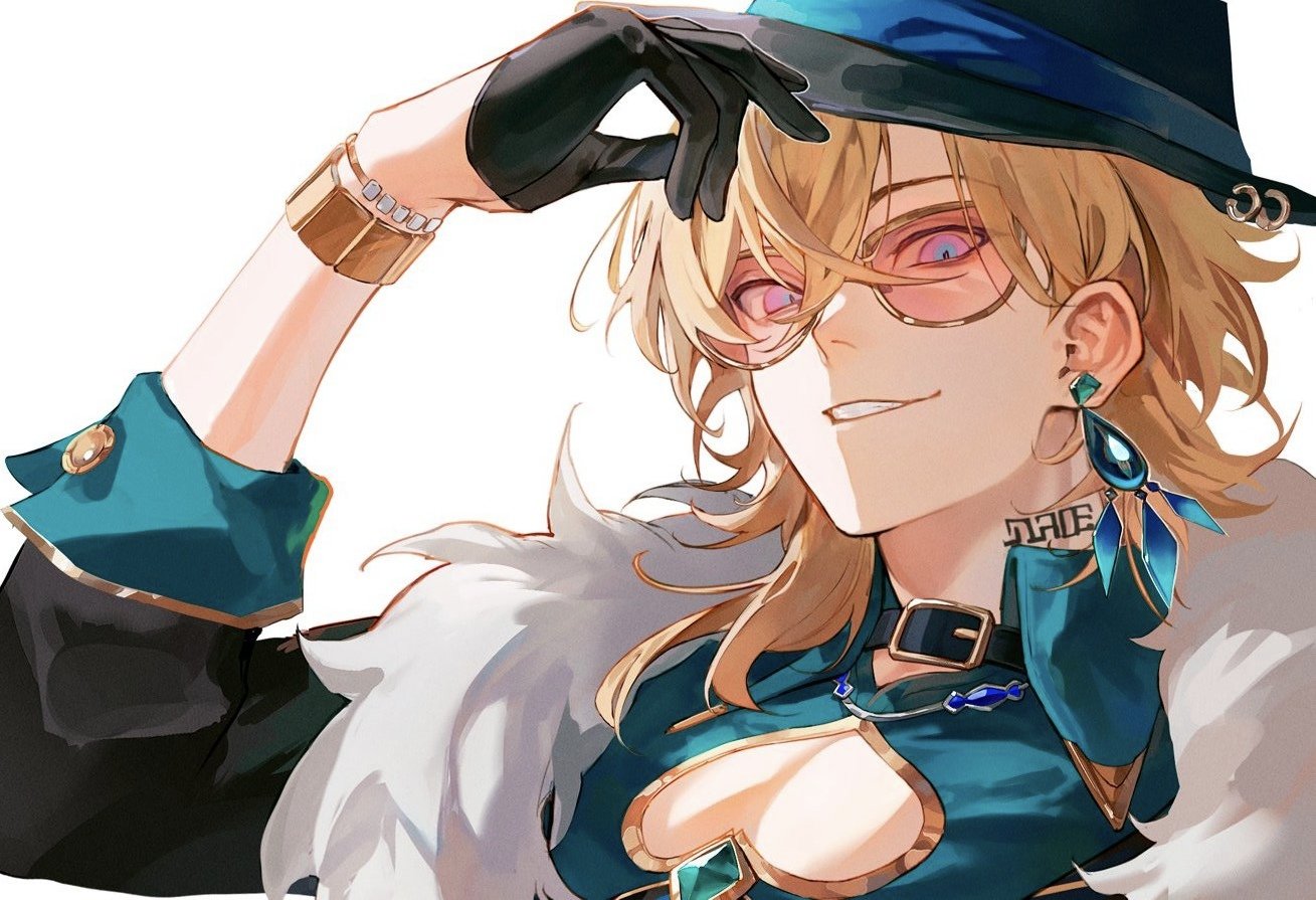 loseup illustration of a stylized anime boy. he has blond hair, is wearing a teal outfit with gold accents, a hat, gloves, glasses, earrings, and a necklace.  the art style is digital and features a smooth, painterly quality with strong lighting and color contrast. the background is plain white, drawing focus to the character. the character appears confident and stylish.