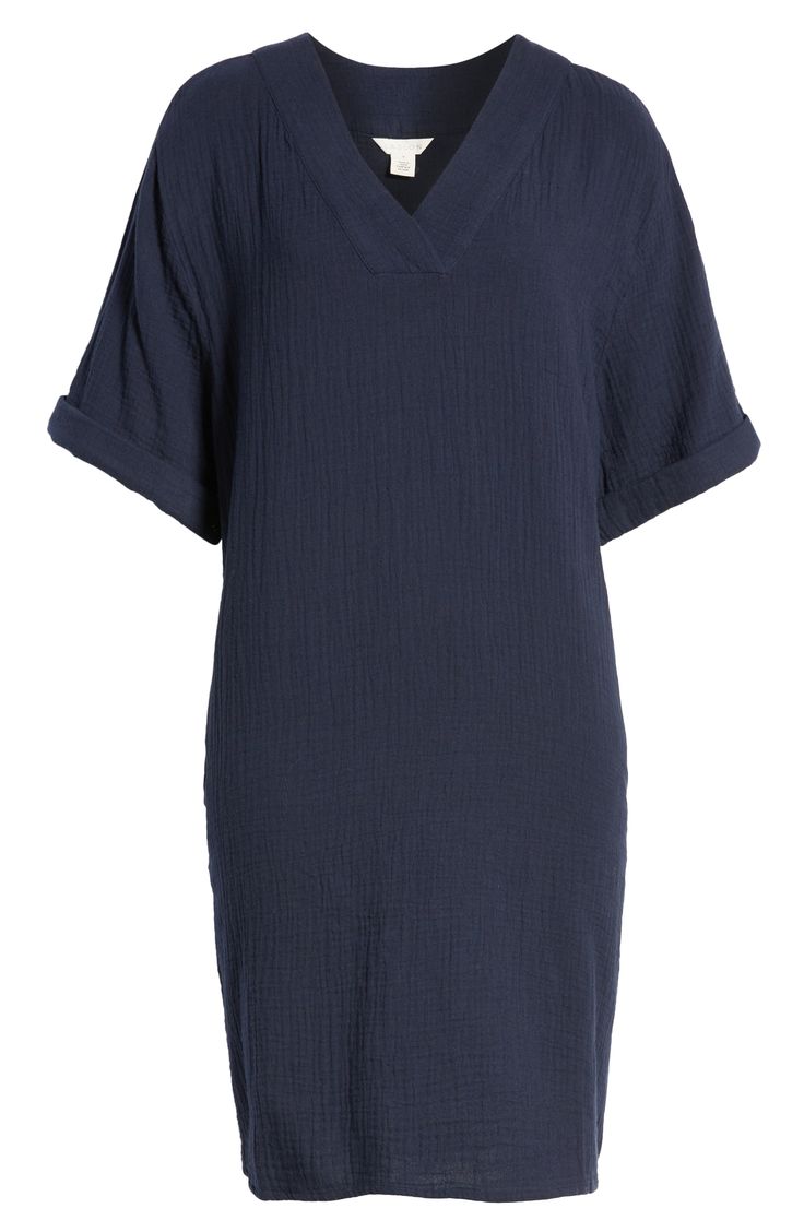 this is a navy blue women's tshirt dress with a vneck and short sleeves. it has a relaxed fit and is made of lightweight cotton, making it perfect for summer and spring. it's a casual dress that can be worn for everyday wear.