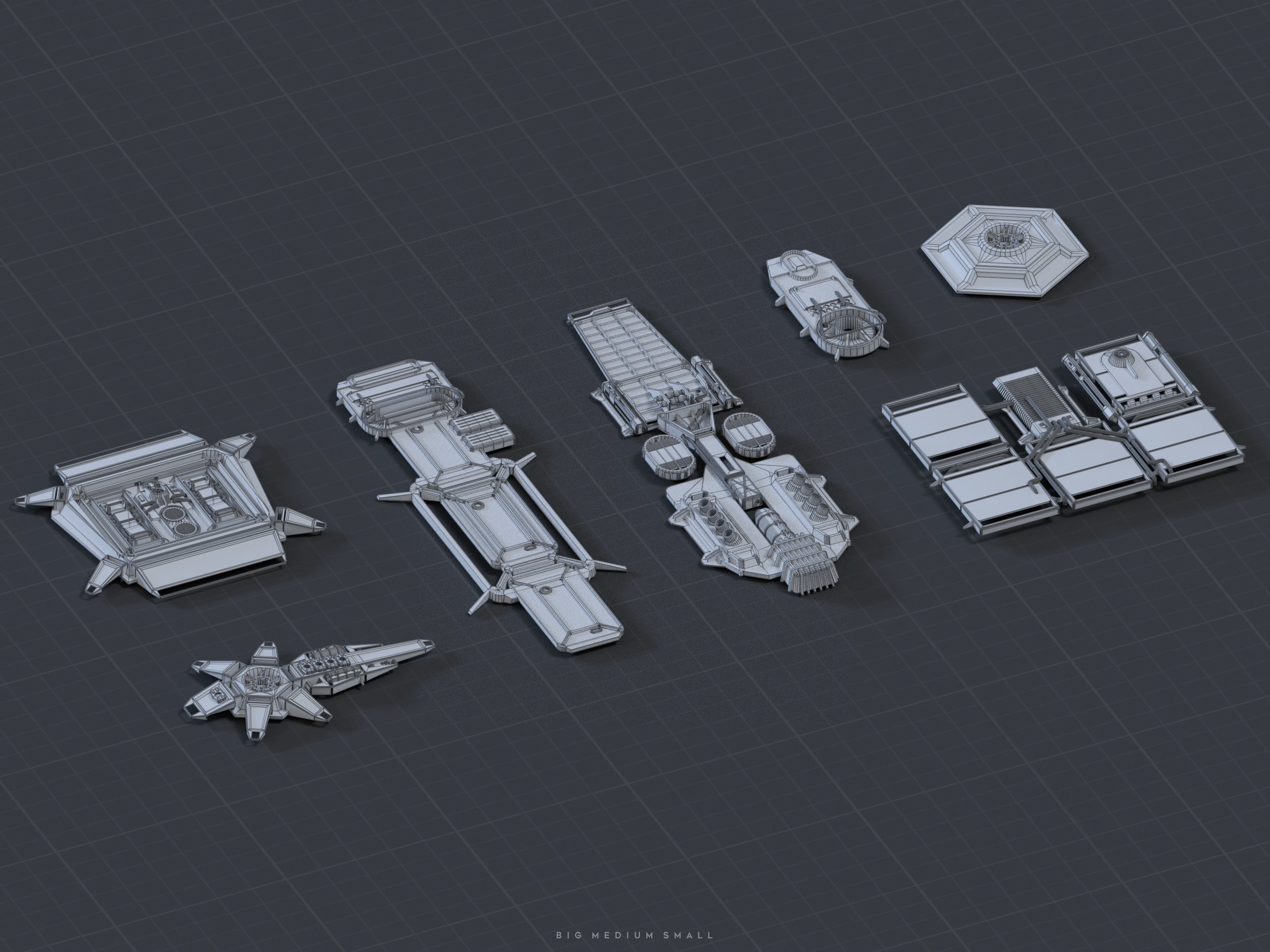 a highangle, full shot of a 3d wireframe render depicting various spaceship components.  the components are arranged across a dark gray gridded background. they vary in size and shape, suggesting different functions within a larger spacecraft or space station. the text "big medium small" is subtly placed near the bottom, indicating a scale comparison between the modules. the overall style is clean and technical, resembling a blueprint or engineering diagram.