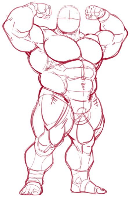 a red line sketch of a muscle bound male bodybuilder.  the body is in a simple pose,  with the arms raised and flexed.  the sketch shows the outline of a powerful figure, with detailed lines defining the musculature.