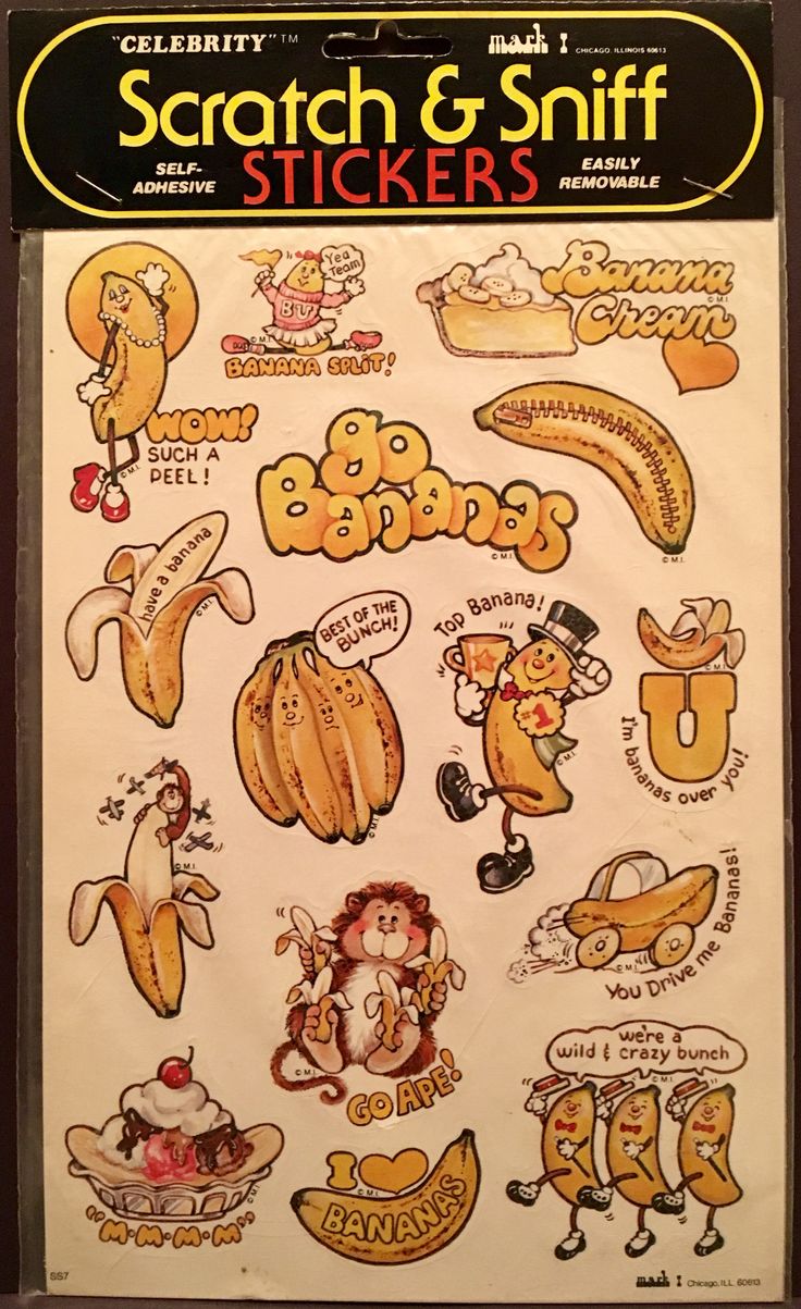 this is a sheet of vintage 1970s "celebrity" brand scratch and sniff stickers featuring various bananathemed illustrations and puns.  the stickers are selfadhesive and easily removable. the designs include bananas in various poses, a banana split, banana cream, a monkey, and other whimsical characters.  the packaging clearly states "scratch & sniff stickers". the overall style is bright, colorful, and nostalgic.