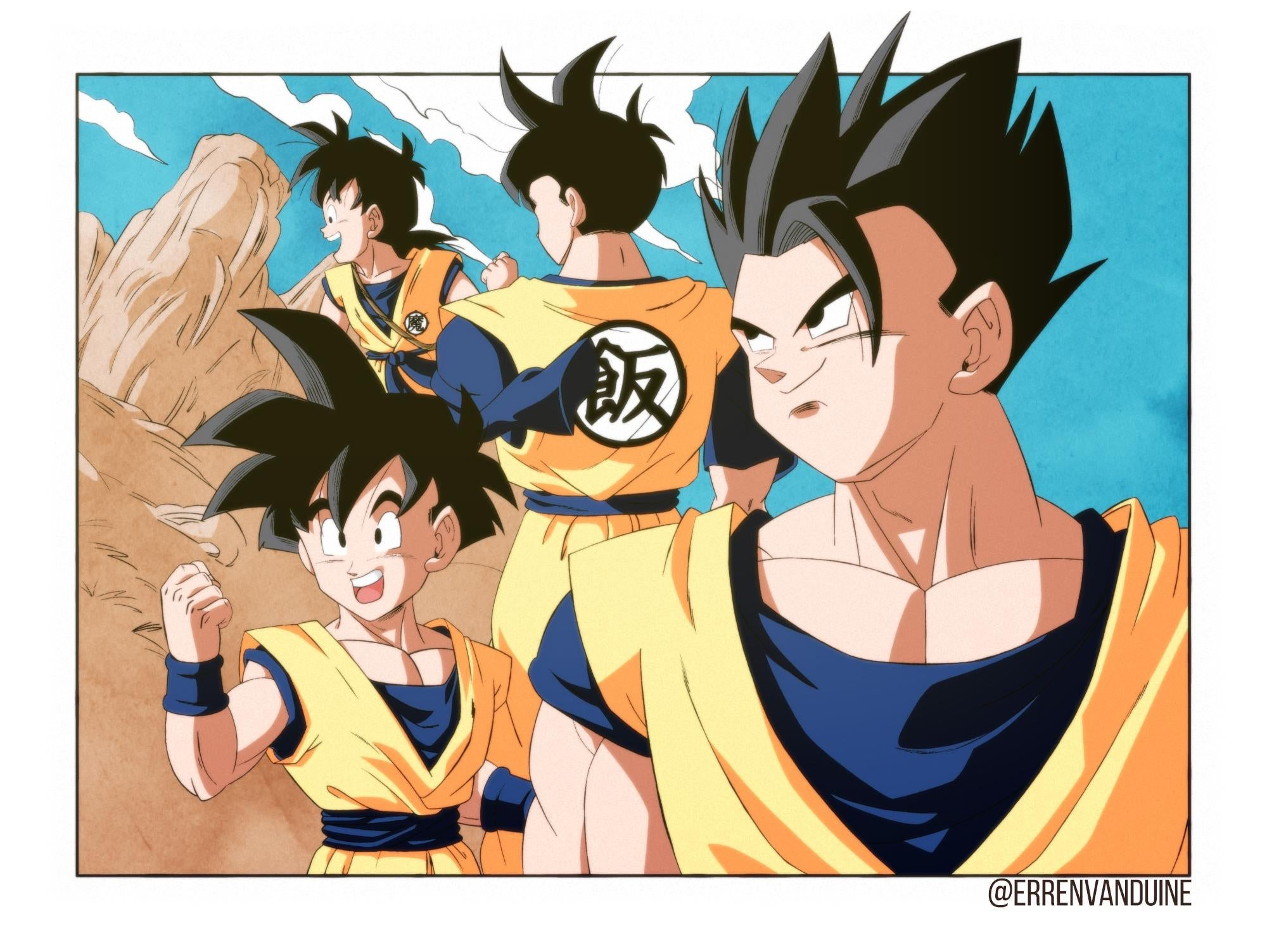the image features a dynamic illustration of gohan, a popular character from the anime series dragon ball z. in the foreground, a more mature gohan, recognizable by his short hair and scar, smirks confidently. behind him, three progressively younger versions of himself, showcasing his growth and transformation throughout the series, strike poses of determination. they wear their signature orange and blue training uniforms, with the kanji for "turtle" (亀) emblazoned on the back. the background depicts a rocky desert landscape under a clear blue sky, a common setting for battles in the dragon ball universe. the overall palette is vibrant and energetic, capturing the actionpacked nature of the show.