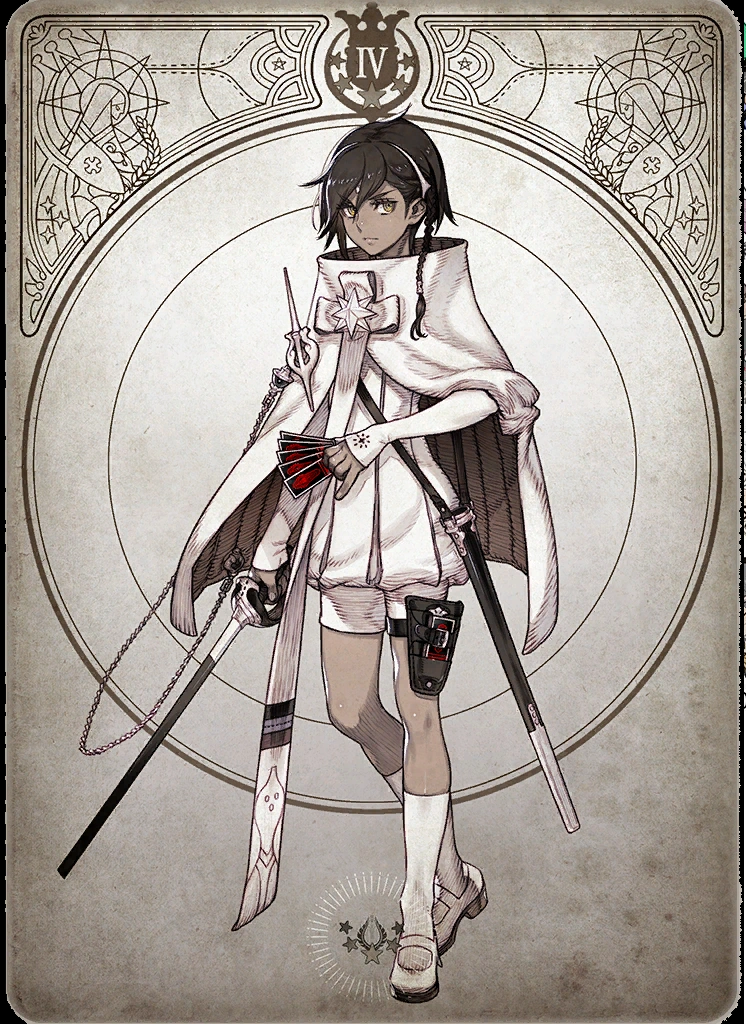 the image is a digital illustration of a young character design, styled as a tarot card labeled "iv".  the character has dark hair with a white streak and brown skin and is dressed in a stylized white uniform with a flowing cape and white kneehigh socks. they are armed with two swords worn at their waist and a set of throwing knives on their thigh. their expression is serious. the background is an ornate circular design with thin lines and flourishes. the overall color palette is muted with grays and browns.  the illustration has a slightly low perspective.