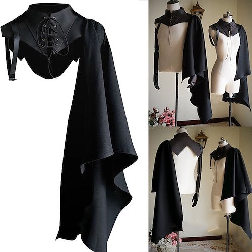 the image shows a black gothic cape with a laceup collar. the cape is shown on three mannequins, each with a slightly different styling. the cape is a versatile piece of clothing that can be dressed up or down. it would be perfect for a gothic, steampunk, or victorianinspired look. it could be worn to a party, masquerade, or for cosplay.