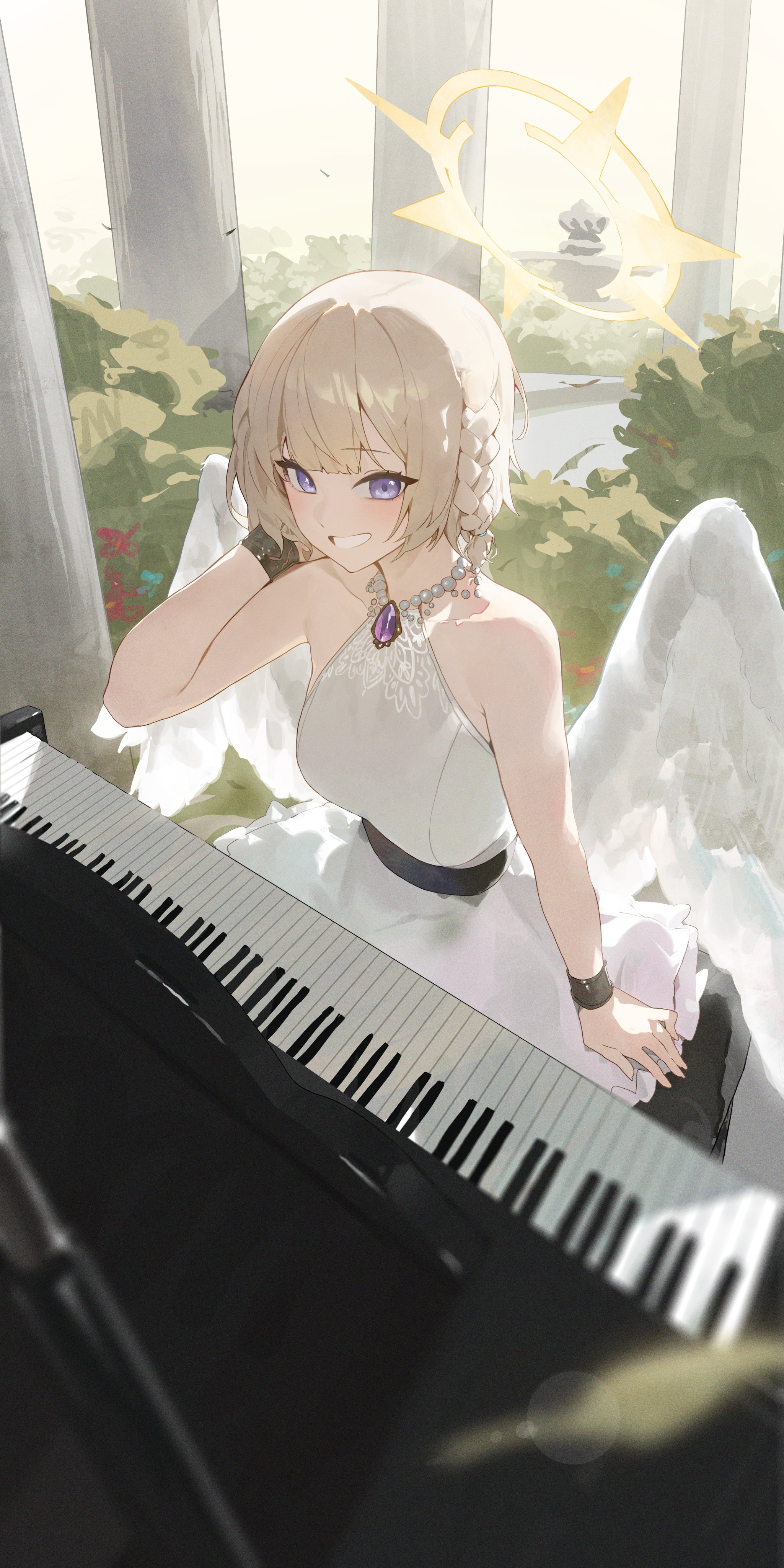 n animestyle illustration of a blonde angel girl in a white dress, seated at a black piano in a sundrenched garden setting. she has purple eyes, a sweet smile, and a halo above her head.  the perspective is from a low angle, emphasizing the piano and the girl's gentle expression as she appears to be about to play. the overall lighting is soft and natural, with a gentle backlight highlighting the greenery and the angel's wings.  the scene evokes a feeling of tranquility and peace.