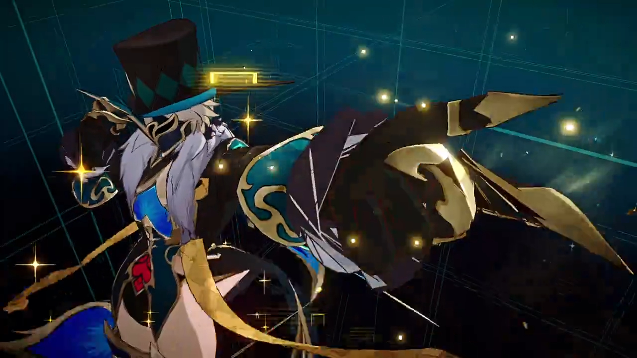 a character from a video game is depicted in a fighting stance, with glowing effects surrounding them. they are wearing a dark outfit with gold and green accents, a top hat with a black and white checkered pattern. the character's right arm is extended, with the hand obscured by a weapon that appears to be a sword, surrounded by light and a blur of motion. the background is a dark blue, with glowing lines of light. the character's expression is hidden from view but the pose suggests aggression and power.