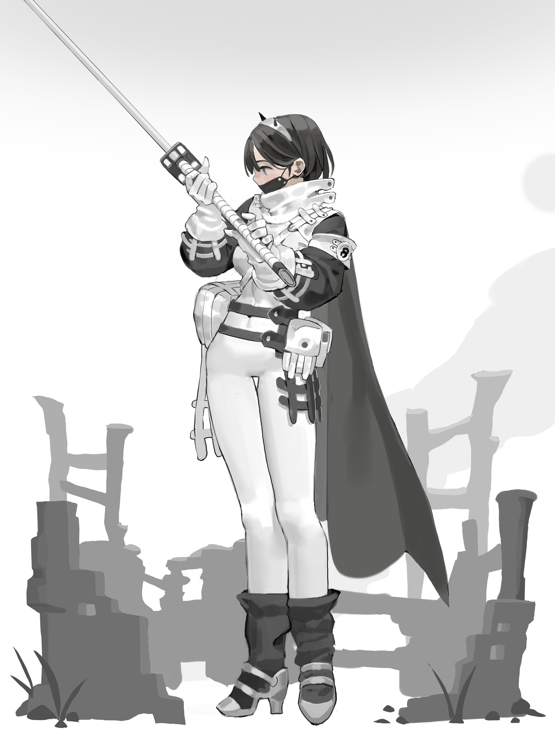 a black and white animestyle image depicts a woman standing in a ruined environment. she is dressed in futuristic clothing, including a white jumpsuit, black cape, boots, and gloves. she also wears a mask and glasses. in her hands, she holds a weapon. the background shows remnants of a ruined structure.