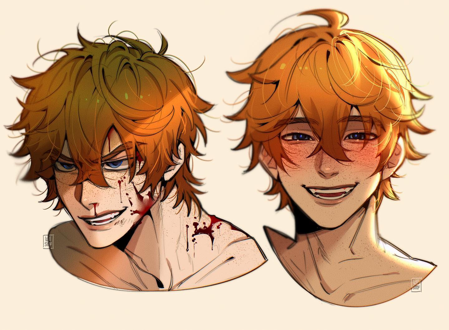 the image features a digital drawing of a young male anime character with bright orange hair and freckles. the artwork shows two contrasting expressions of the same character; one side depicts him with a wounded and angry expression, covered in blood, while the other side showcases a happy, smiling expression. the artistic style is highly detailed and emphasizes the character's features, using dynamic lighting and shading to create depth and contrast. the overall mood is a blend of action and emotion.