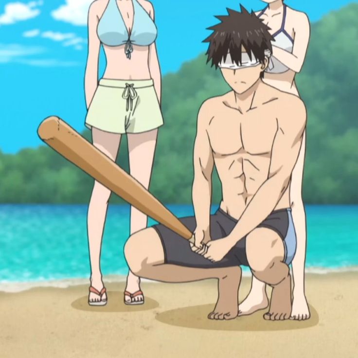 the image is an anime cartoon of a man in a blindfold holding a baseball bat. he is squatting down. there is a woman on the left and one on the right, they are both wearing bikinis. there is sand and a blue ocean. the background is a light blue with some clouds.