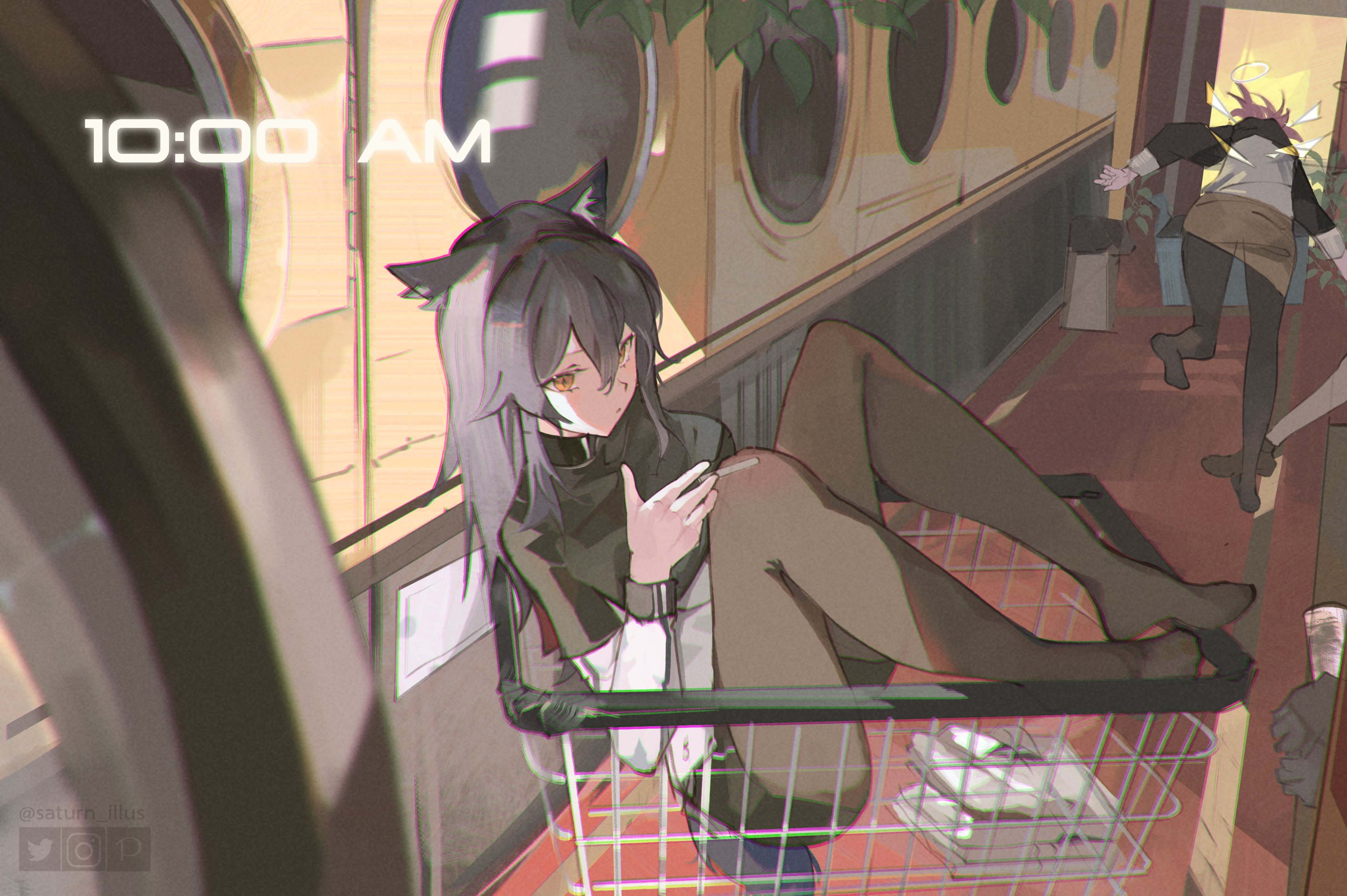 the image is a digital painting or illustration of an animestyle girl with long grey hair and cat ears. she is sitting in a shopping cart inside a laundromat.  the laundromat has rows of washing machines visible in the background. the girl is wearing a darkcolored outfit and brown tights. the time is displayed as 10:00 am. other people can be partially seen in the background, seemingly going about their business in the laundromat. the overall style is soft and somewhat muted in color palette.