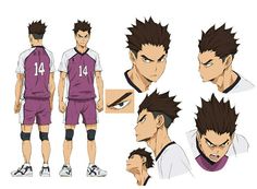 a character design sheet shows a male volleyball player in various poses and angles. he wears a white and purple uniform with the number 14. the style is anime or manga, and the sheet appears to be a reference for artists.