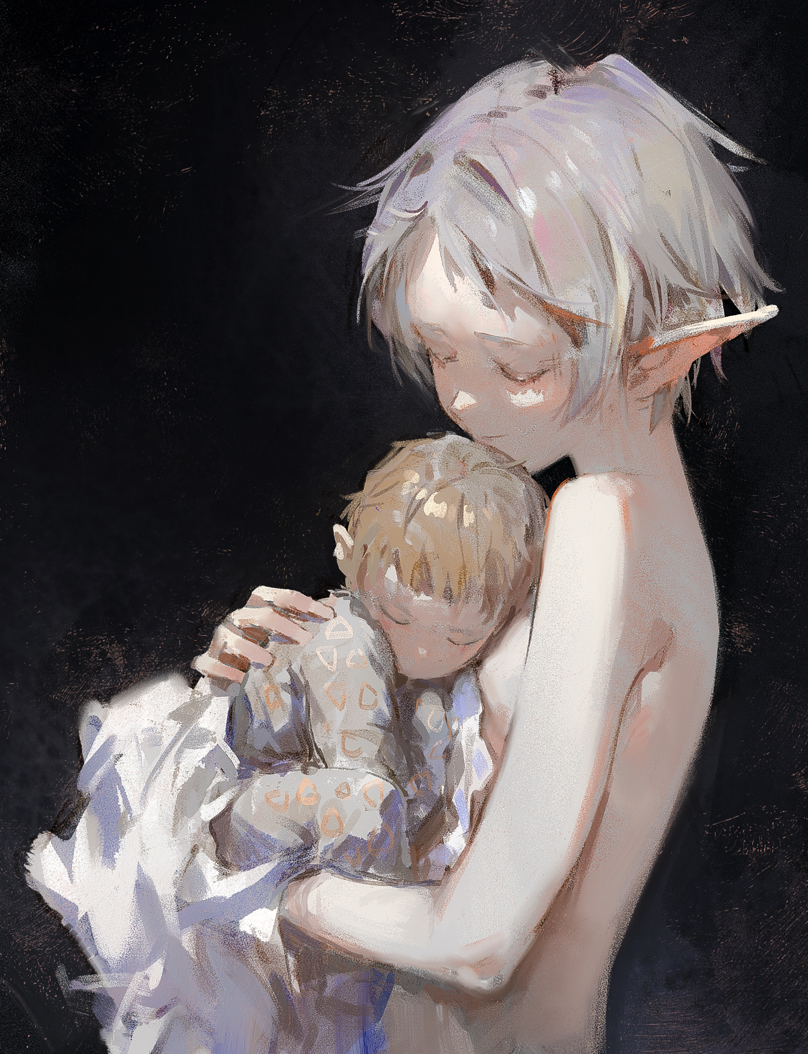 a young woman with long white hair holds a sleeping child in her arms. she is gently cradling the child, and her face is full of love and tenderness. the child is wrapped in a blanket, and its head rests on the woman's shoulder. the background is a soft, hazy blur of light and color. the image is filled with a sense of peace and tranquility.