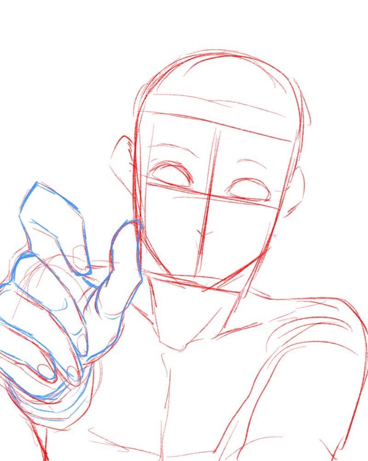 a rough sketch of a person's upper body, drawn in red and blue lines. the person is reaching out with their right hand, and the sketch includes basic guidelines for anatomy and posing.