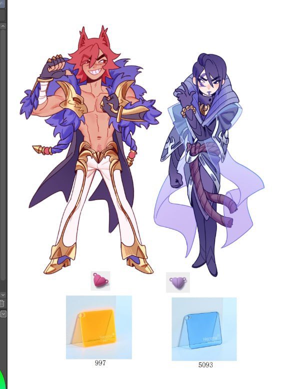 the image showcases digital artwork featuring two animestyle characters.  the first character is a muscular, redhaired male with foxlike ears and a gold and purple outfit. he is depicted in a confident, powerful pose. the second character is a female with dark hair and a more elegant, flowing purple outfit. she is shown in a regal pose. both characters appear to be fantasyinspired.  below the characters are mockups of acrylic charms showing what the finished product might look like, colorcoded to the characters. the image appears to be a product listing or promotional material for characterbased merchandise (specifically acrylic charms). the artwork style is vibrant and polished.
