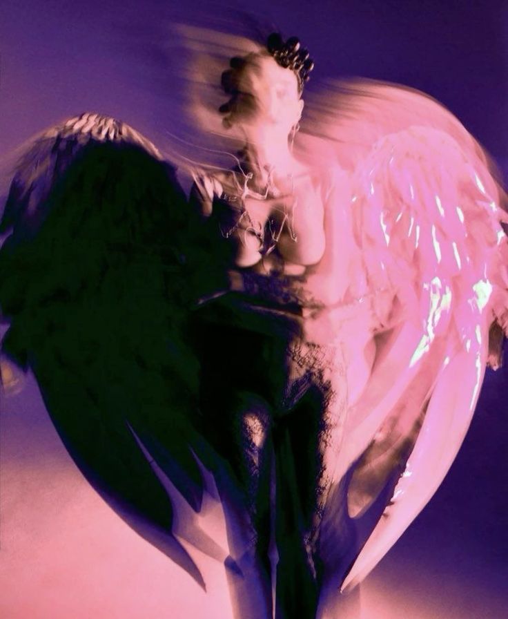 the image is a stylized, abstract photograph or artwork depicting a feminine figure seemingly embracing another, or perhaps a duality within herself.  the figure is partially obscured by a motion blur effect, giving a sense of movement and ethereal quality.  large wings, one dark and one light pink, frame the figure, suggesting an angelic or otherworldly theme.  the color palette is primarily composed of dark purples and pinks, creating a dramatic and contrasting effect. the overall impression is surreal and mystical, with the blur and color blending to create a dreamlike atmosphere.