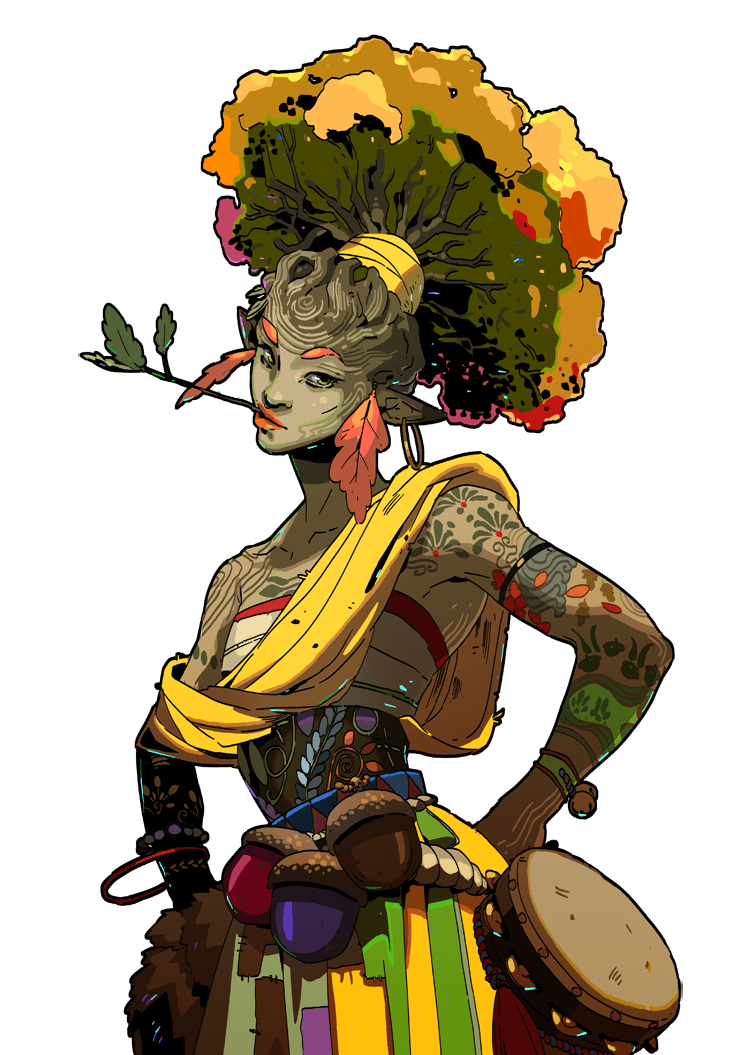 a female elf with green skin, bright green eyes, and red lips is dressed in a yellow shawl and colorful clothing. she has a tree on her head and is holding a drum. she is depicted in a wild and magical art style.