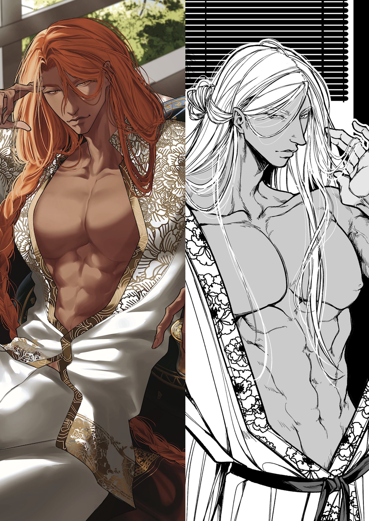 a sidebyside comparison of a digital illustration and line art drawing of a man with long, red hair and a man with long, white hair. the digital art version of the man with red hair is colored, while the line art version of the man with white hair is black and white. both men are wearing similar clothes.
