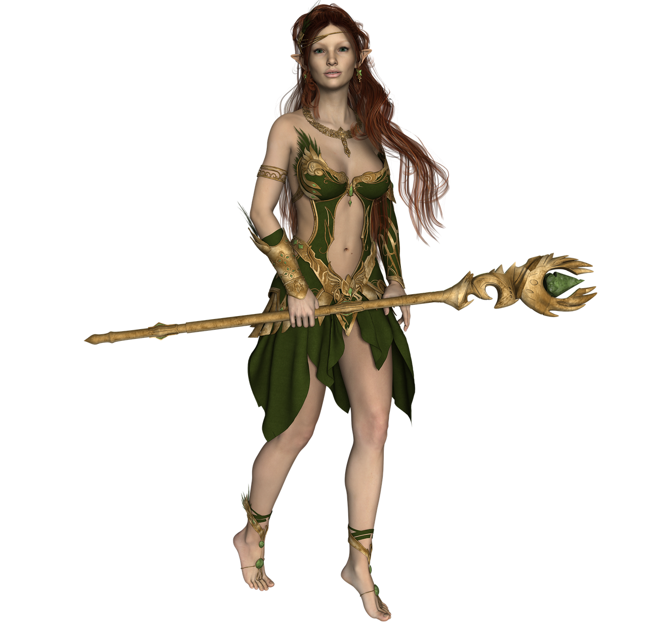 a digital art image features an elf queen holding a staff. the elf queen is a redhead and is standing barefoot. she is wearing a green and gold outfit. the staff she is holding is also gold and has a green gem at the top. the background is black.