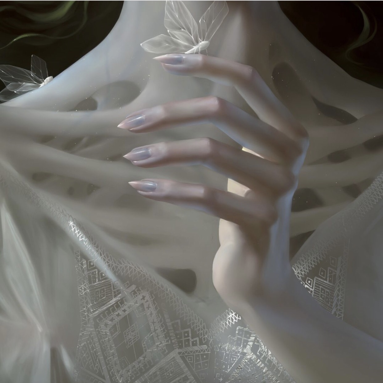 the image showcases a woman's hand gently holding a translucent white fabric. two delicate, white butterflies rest on her fingers. the fabric has intricate lace patterns, adding a touch of elegance to the scene. the woman's long, sharp fingernails are a striking detail, hinting at a sense of mystery. the overall aesthetic is soft, feminine, and ethereal.