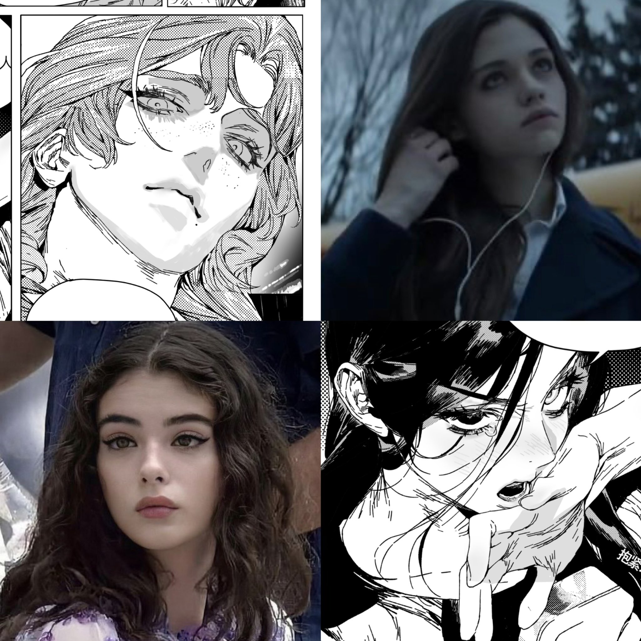 the image is a collage containing four different images. two of the images are drawings of women in a manga style, while the other two are photographs of women. the images are arranged in a grid, with the manga drawings on the left and right, and the photographs in the top right and bottom left corners. the manga drawings are in black and white, while the photographs are in color.